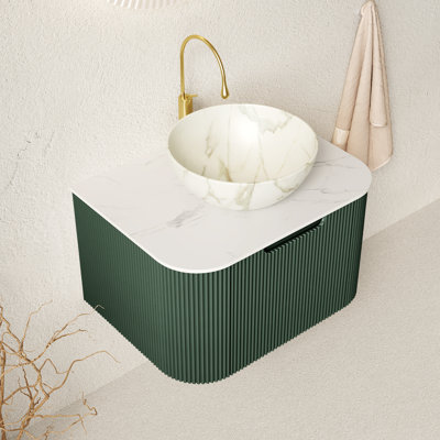 Meuble-lavabo 24 po, armoire de salle de bain en contreplaqué rayé à bords arrondis avec tiroir, vasque en céramique blanc mat et plateau en pierre frittée