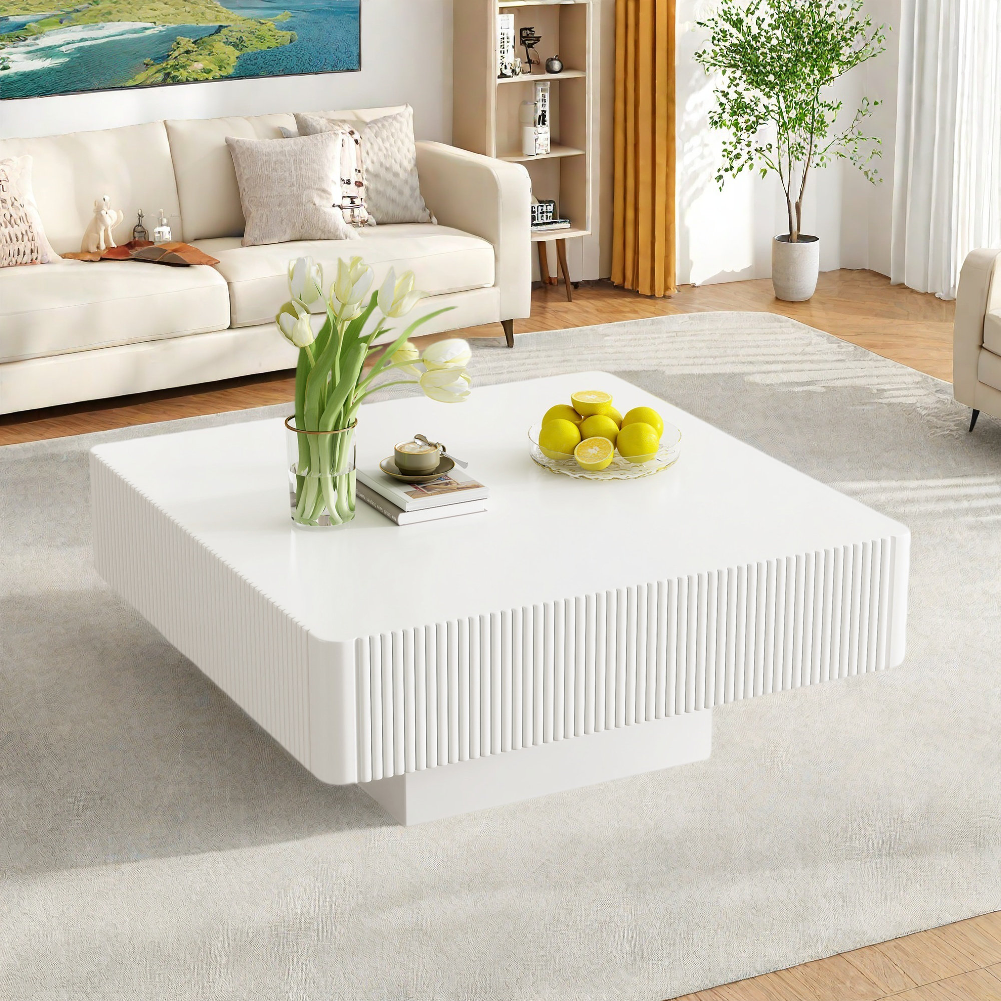 Latitude Run® Elegant Square Fluted Coffee Table With Thick Tabletop ...