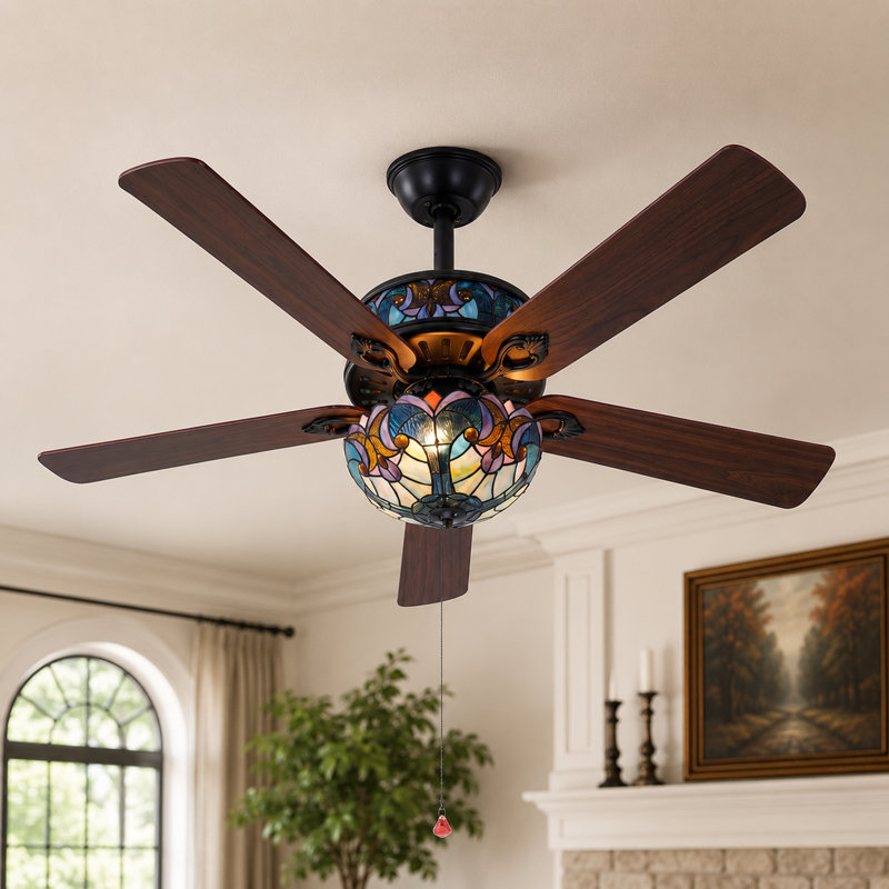 Ventilateur de plafond 46 po de style Tiffany noir avec lumières, 5 pales en bois, moteur à courant continu réversible à 6 vitesses et télécommande