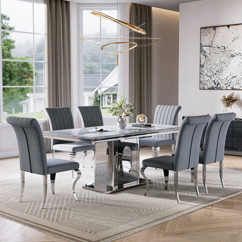 70.08”Faux Marble Top Pedestal Dining Table Set, White, Gray/Silver, Silver