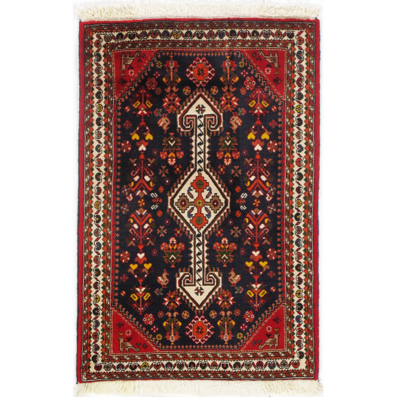 Tapis persan classique rouge / bleu marine / ivoire noué à la main de conception unique 2 pi 7 po x 3 pi 11 po