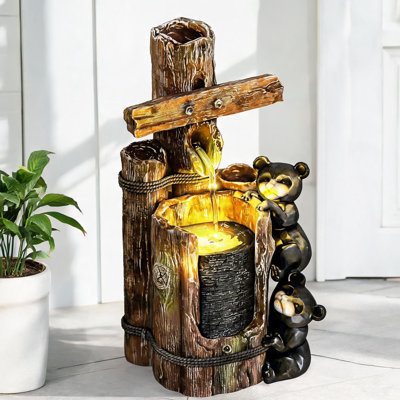 Fontaine d'extérieur à niveaux en résine avec lumières DEL, design classique brun sur bûche, 22,8 pouces de hauteur pour patio ou jardin