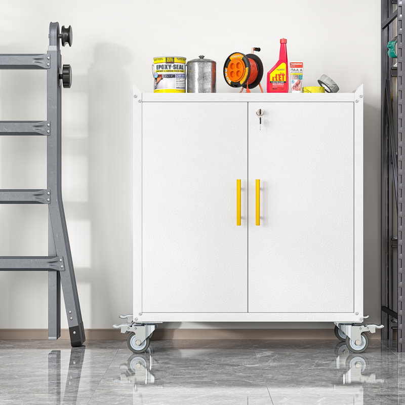 Steel Tall 71" Garage Storage Cabinet with Locking Doors ,Rolling Wheels and Adjustable Shelves, 35.6"H, White