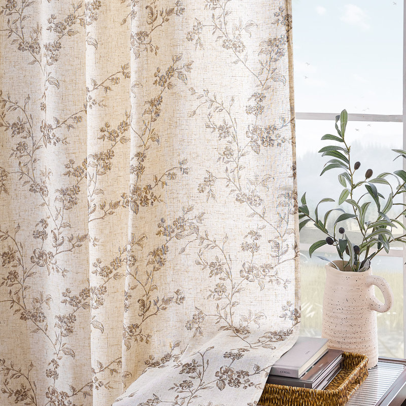 Semi Sheer Linen Blend French Floral Printed Rod Pocket Curtain Pair, Taupe, 50" W x 84" L