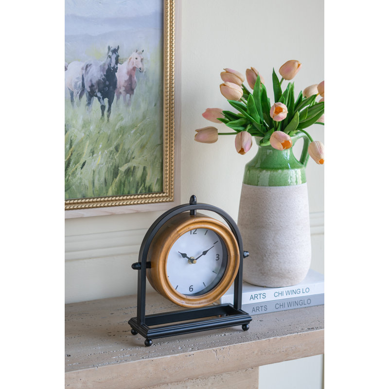 Horloge de table 9,5 x 3,5 x 10 po avec cadre en bois brun et support en fer noir