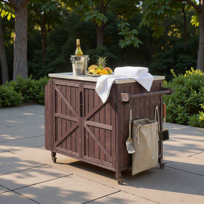 42.1" Outdoor Kitchen Island With Side Shelf, Outdoor Grill Cart With Storage Cabinet, Outdoor Kitchen Cabinet With Stainless Steel Top, Adjustable Shelf And 4 Wheels For Pizza Prep