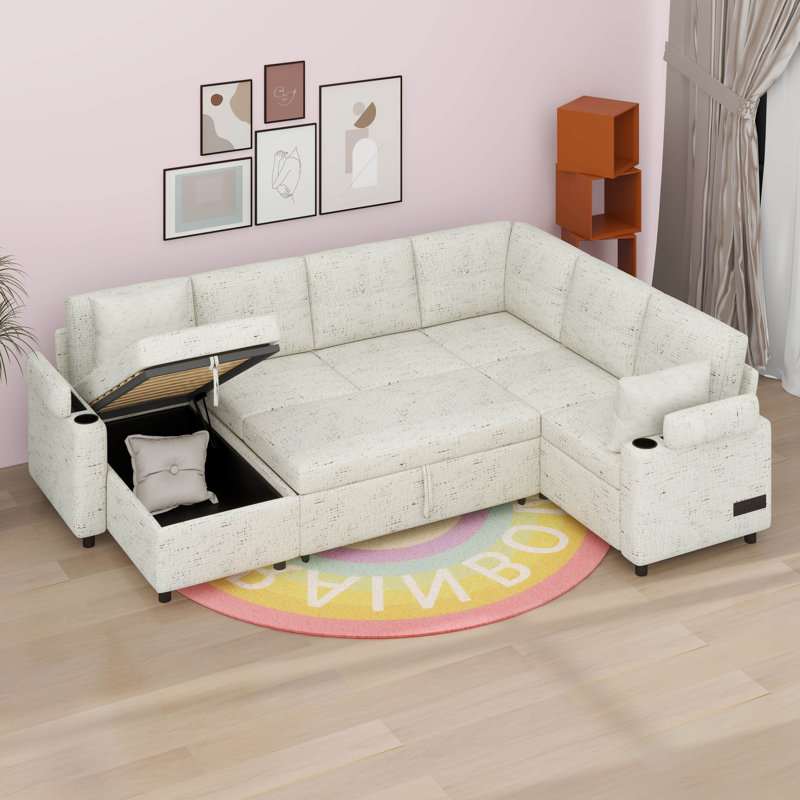 Canapé-lit convertible en U polyvalent avec grand espace de rangement, deux porte-gobelets et ports de charge, Beige
