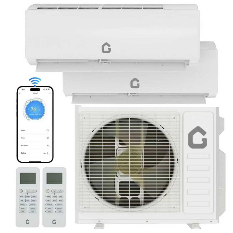 Dual Zone 18K BTU Mini Split Air Conditioner and Heater. 9.000 + 12.000 BTU System with 24 SEER2 Rating. WiFi Smart Control. Sleep Mode Timer.   Certified. 230V Whole House Climate Control