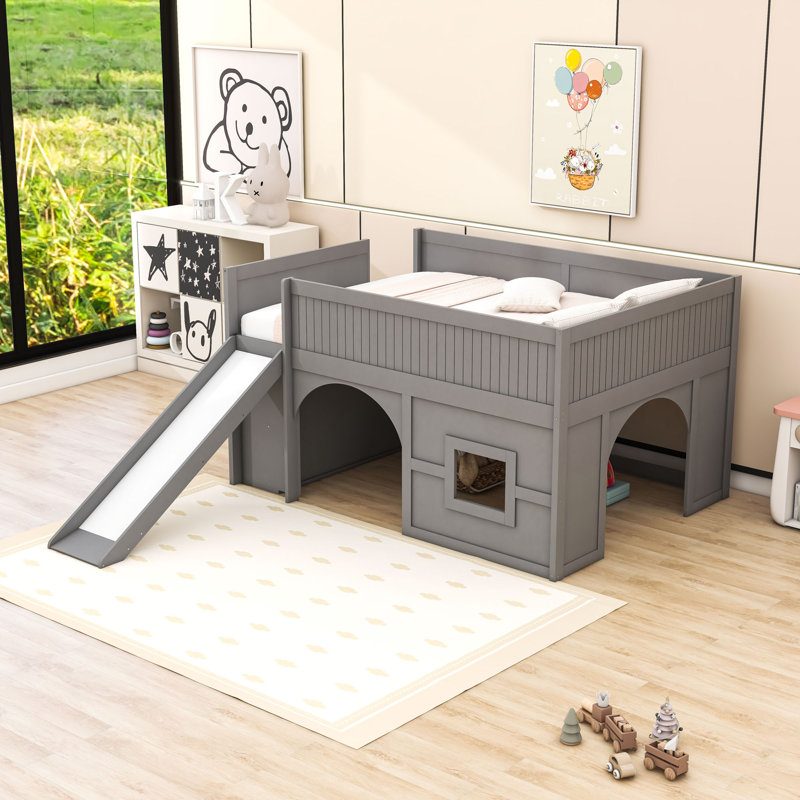 Low Loft Bed With Storage Shelves And Slide, Gray
