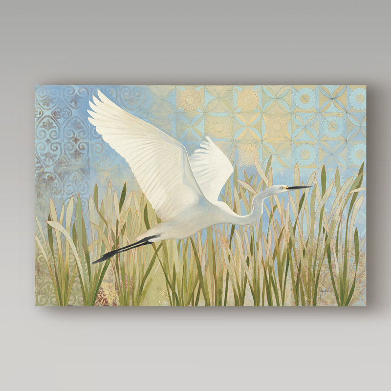 Bohemian Egret in Flight Canvas Art with Blue and Beige Patterns