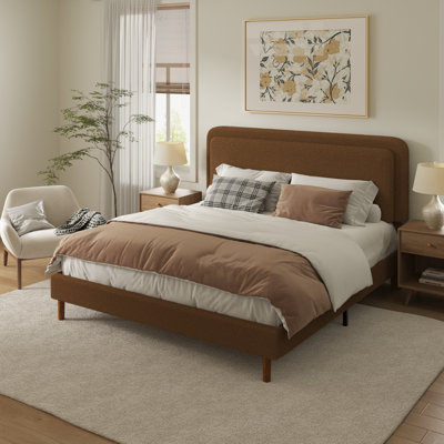 Structure de lit double pleine grandeur avec tête de lit ajustable, lit plateforme Cloud, pieds en bois massif, aucun sommier requis, assemblage facile, brun