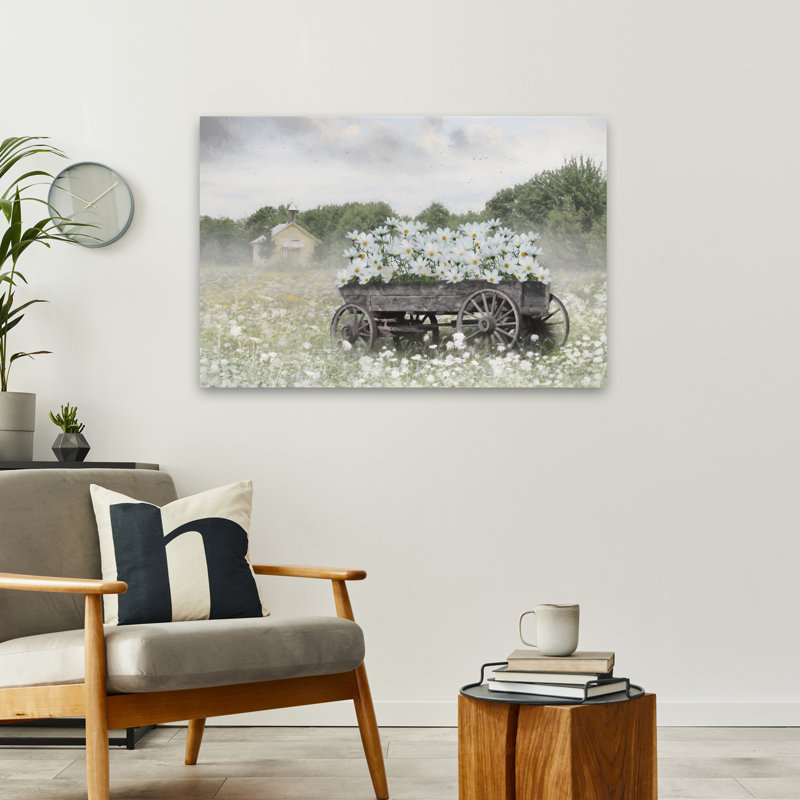 Bouquet sur roues - charrette à fleurs rétro avec fleurs blanches, H 24 po x l 36 po