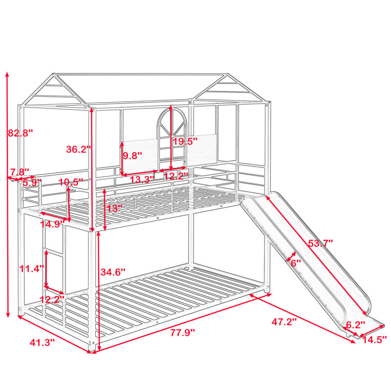 Lalla Twin Over Twin Metal Standard Bunk Bed with Slide, Red