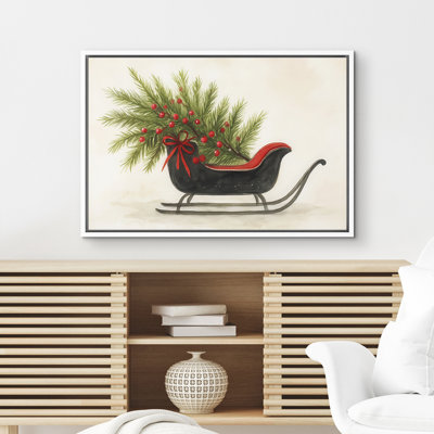 «Festive Holly & Red Bow Sleigh Holiday», reproduction d'art sur toile encadrée dans la chambre principale
