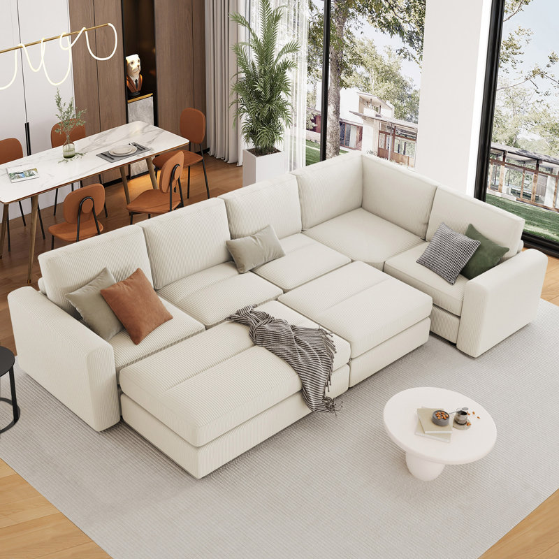 Canapé-lit modulaire 7 pièces avec repose-pieds Solenith, Velours côtelé beige