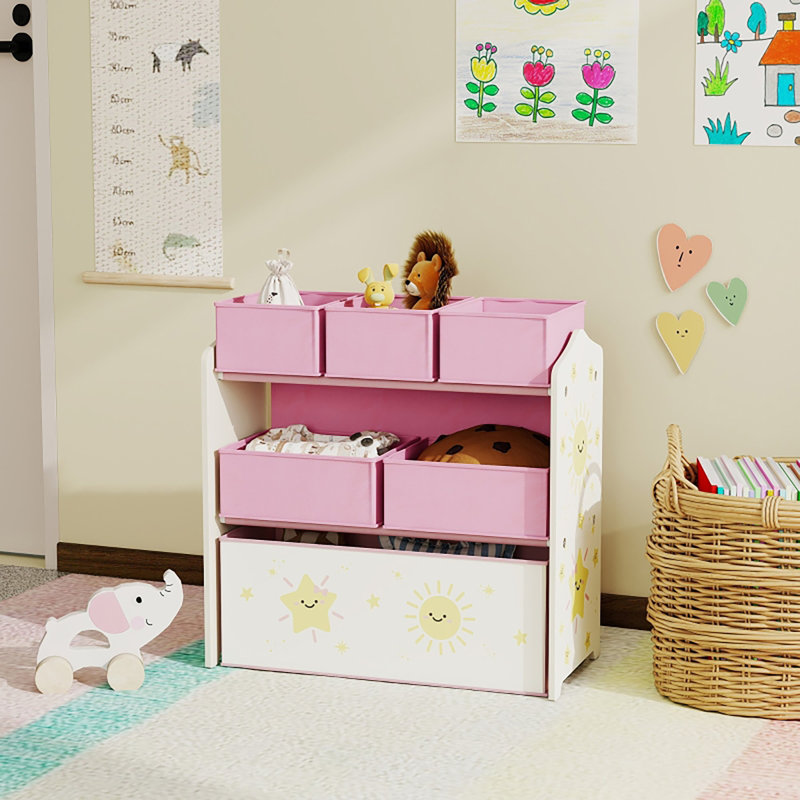 Pale White Dusty Pink Three Tier Kids Toy Organiser Shelving Unit With Six Detachable Sun Star Pattern Fabric Storage Boxes Low Child Accessible Height Storage Furniture For Nursery Bedroom Ages Three To Eight