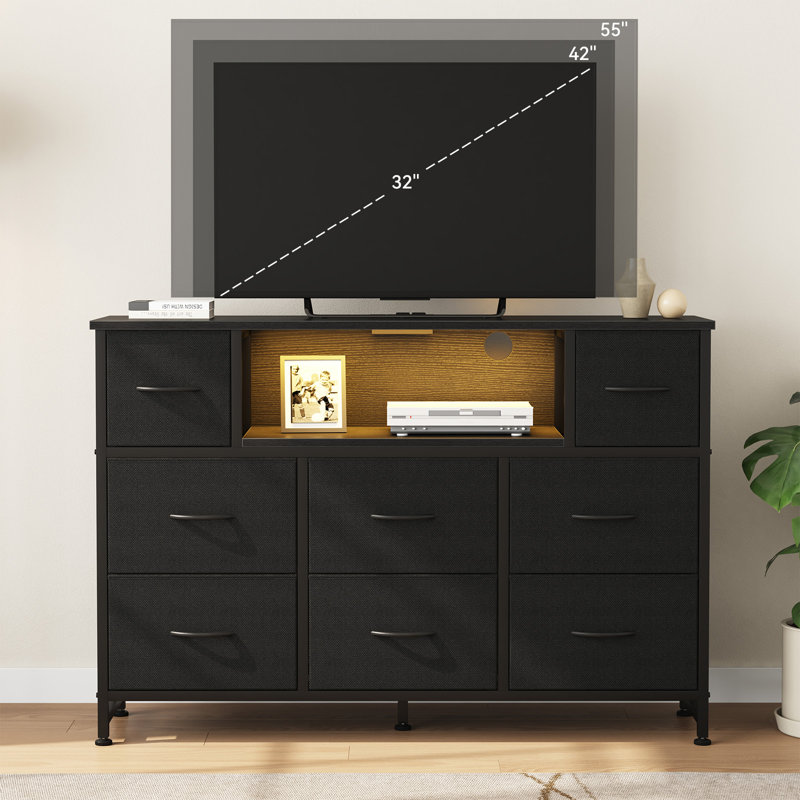 Multi-Functional TV Stand with 8 Drawers & LED Lights, Black