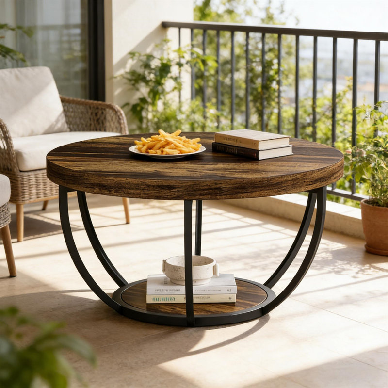 Table ronde à 2 niveaux (table basse incluse), Brun rustique