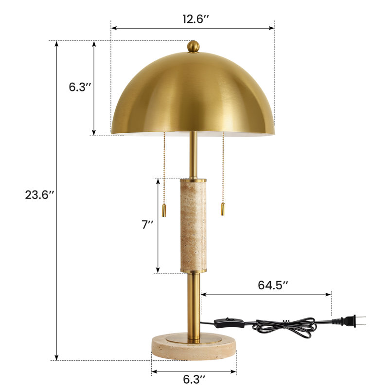 24 in 2-Light Modern Metal Plug-in Table Lamp with Double Pull Chain Marble Base and Dome Shade