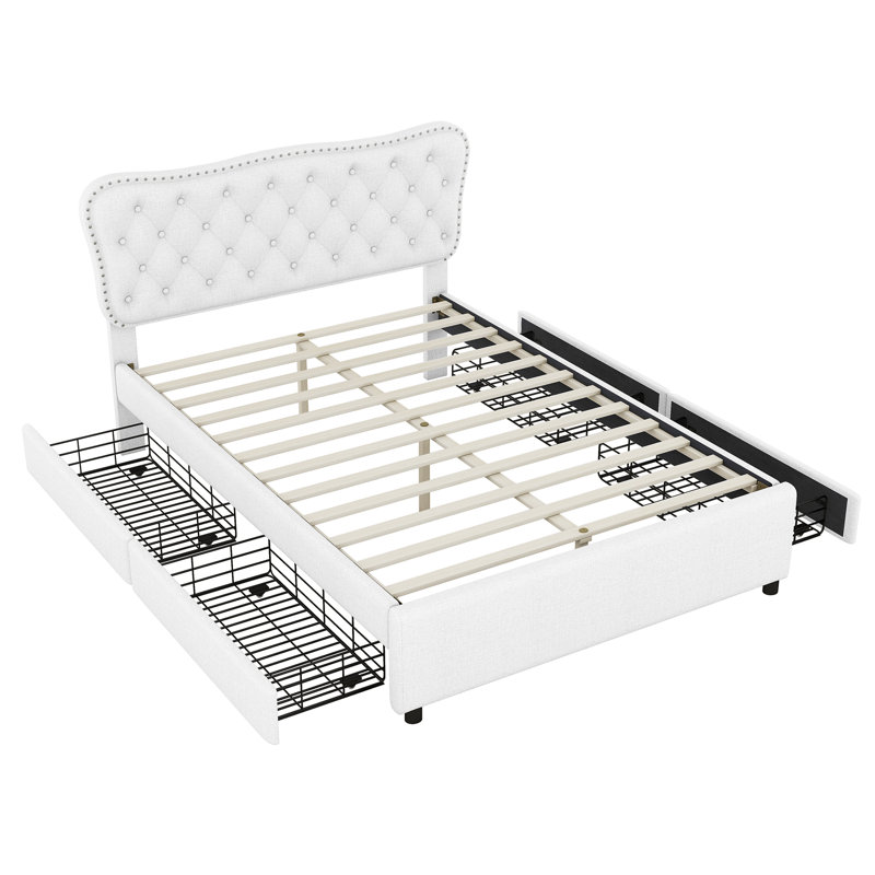 Upholstered Bed 140*200 Cm With 4 Drawers, White