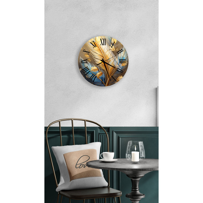 Horloge murale bohémienne en verre trempé doré et plumes bleues, Noir