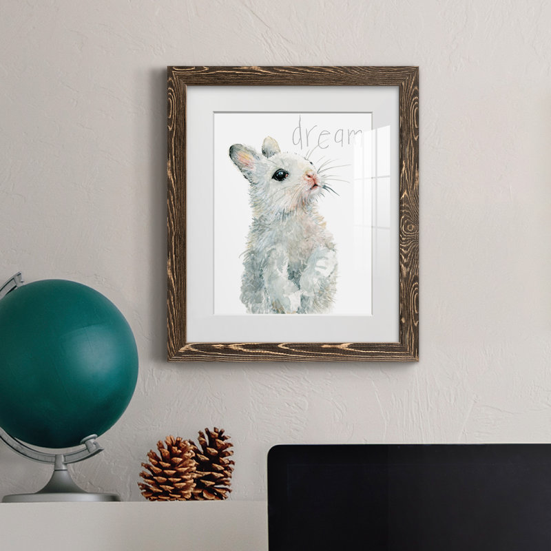 Forêt de bébé lapin en fourrure - peinture encadrée, H 20 po x l 17 po x P 1,5 po, Encadré de bois de noyer