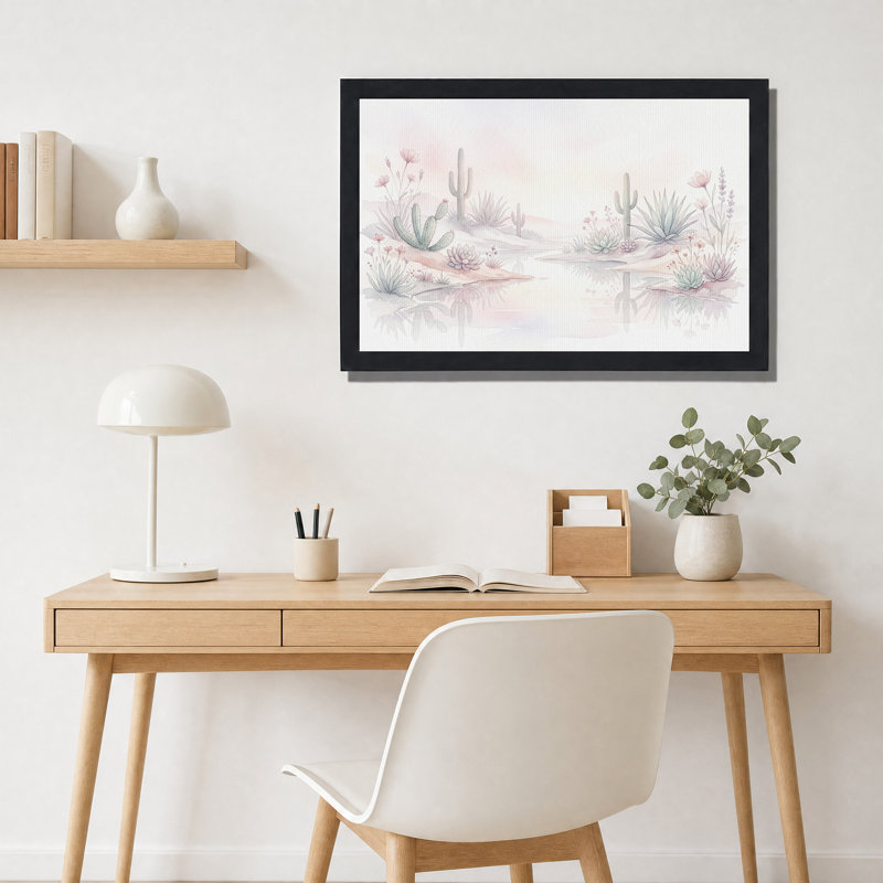 Tableau sur toile aquarelle pastel représentant un cactus et des plantes succulentes., H 12 po x l 18 po