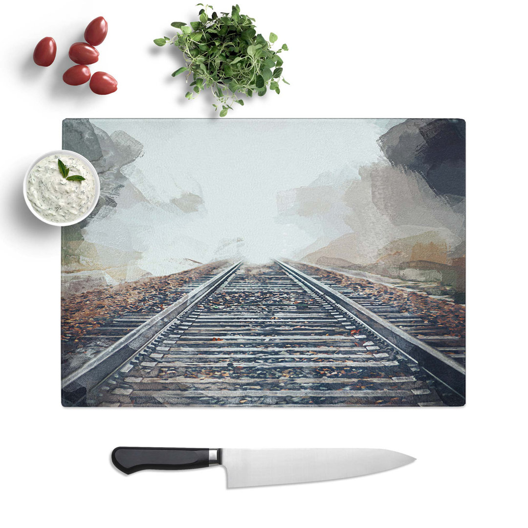 Tempered Glass Train Tracks in the Mist in Abstract Chopping Board