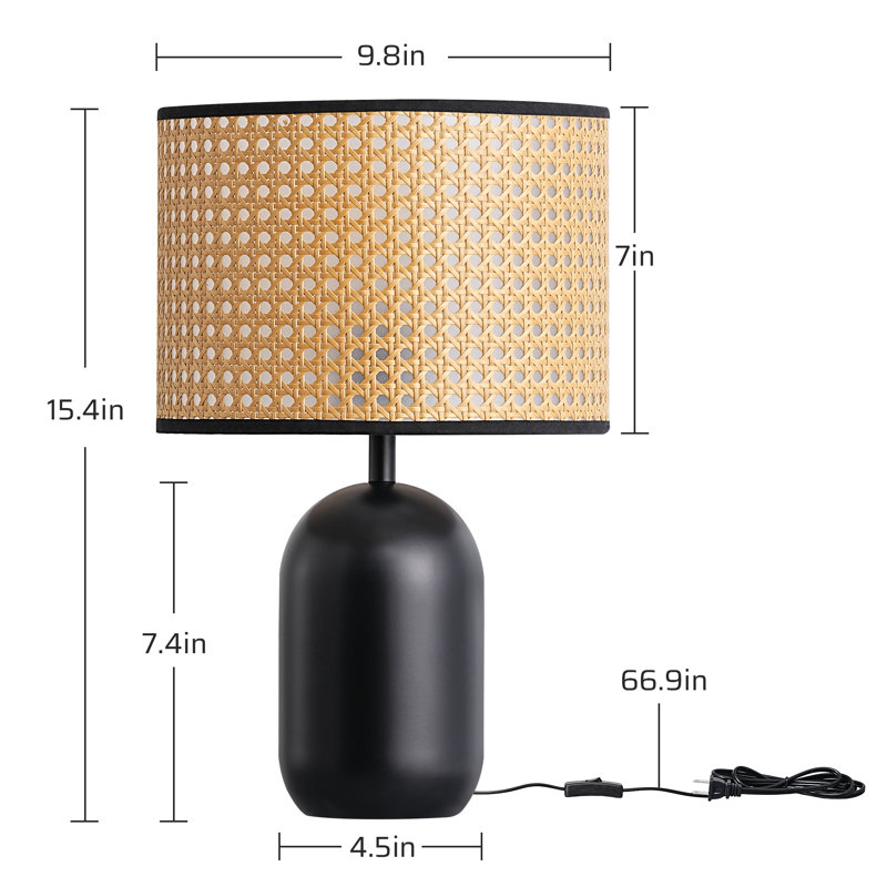 15.4'' Black Metal Table Lamp With Rattan Shade For Bedrooms, Living Rooms Or Reading Corners