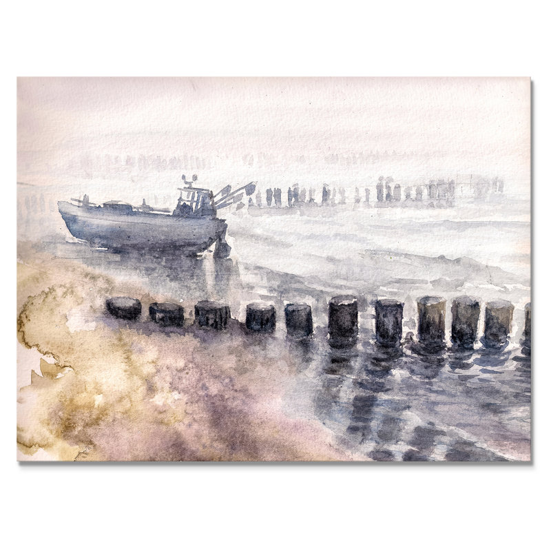 Bateau de pêche dans le port - Peinture sur toile, H 24 po x l 32 po, Toile tendue
