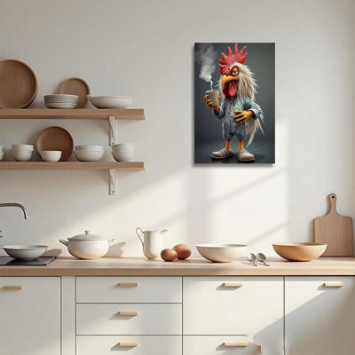 Funny Chicken Wall Art Abstract Rooster Drinking Coffee Pictures Whimsical Chicken Canvas Prints Farmhouse Animal Paintings For Kitchen Decor Frame (24L X 16W)