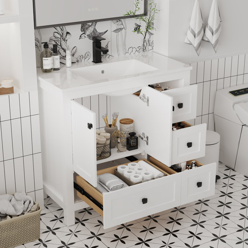 Modern 36" Bathroom Vanity With Resin Top And Sink,white Color,no Faucet
