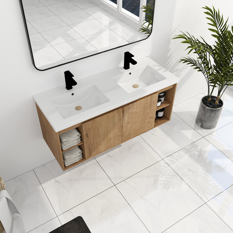 Meuble-lavabo mural 48 po avec lavabo double, charnière de porte à fermeture en douceur