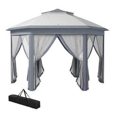 Hexagonal Gazebo Shelter with 6 Zippered Mesh Netting, for Patio Backyard Garden Wedding Party, Grey