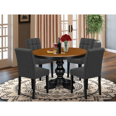 L'ensemble de table de salle à manger 5 pièces se compose d'une table de salle à manger et de 4 chaises de salle à manger en tissu polyester foncé avec dossier élégant - noir