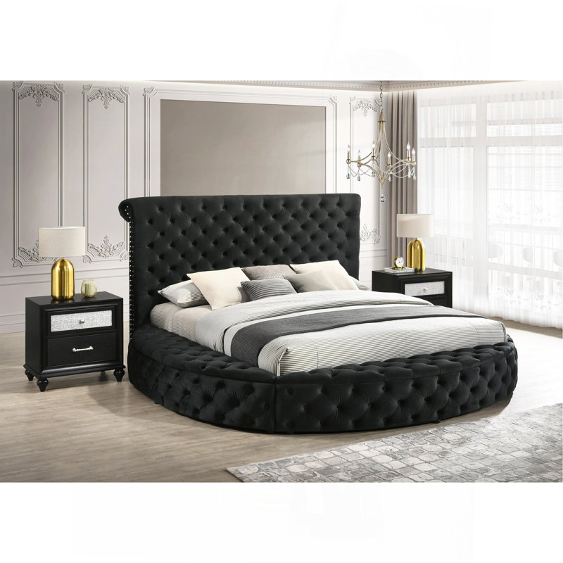 Ensemble de 3 pièces de mobilier de chambre à coucher en bois de velours noir capitonné