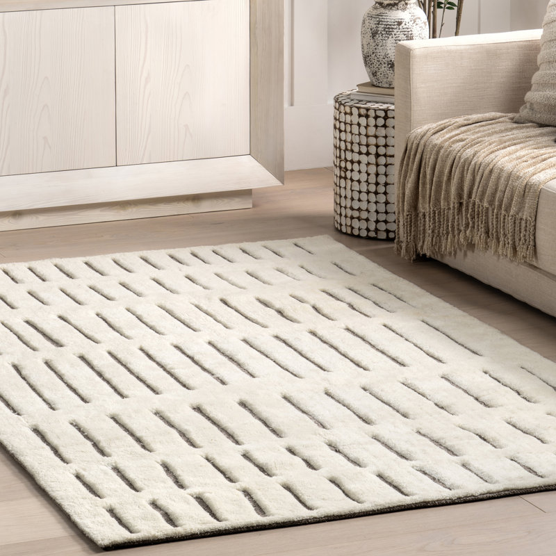 Tapis géométrique en laine Nalini pour le salon, la chambre et la cuisine, blanc cassé / gris, Rectangle 4 pi x 6 pi