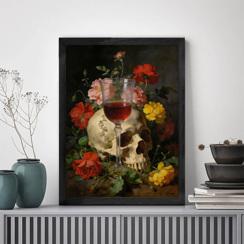 «Black», fleurs rétro encadrées de crânes humains, art mural foncé, impressions encadrées, H 17 po x l 13 po
