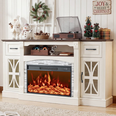 70" Farmhouse TV Stand with Fireplace, Electric Fireplace TV Stand & Media Console with Power Outlets