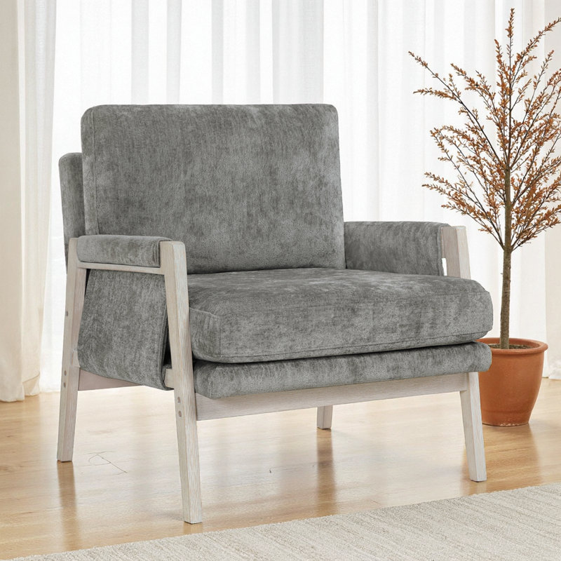 Chaise d'appoint moderne en chenille gris brunâtre avec structure en bois massif