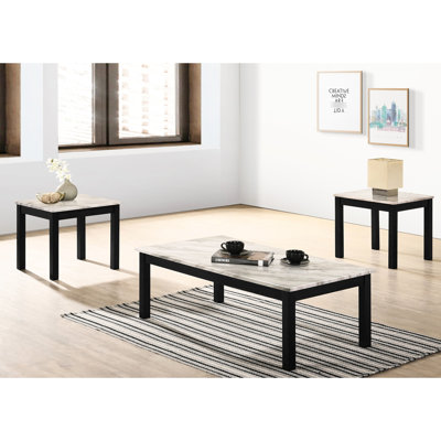 Table basse 3 pièces: plateau en faux marbre, pieds noirs, pour la décoration de l'espace de vie principal, plateau 3 pièces blanc contemporain et 2 tables de bout avec pieds en métal