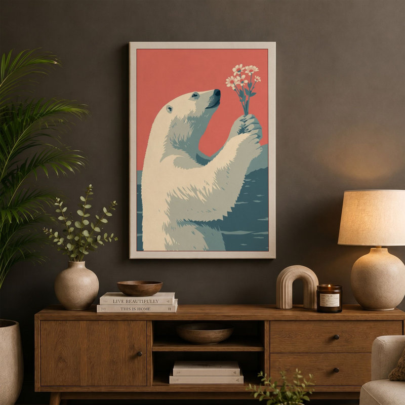 Polar Bear with Bloom Modern - Wrapped Canvas, 24x16 - 61.0 x 40.6 cm, Taupe Border