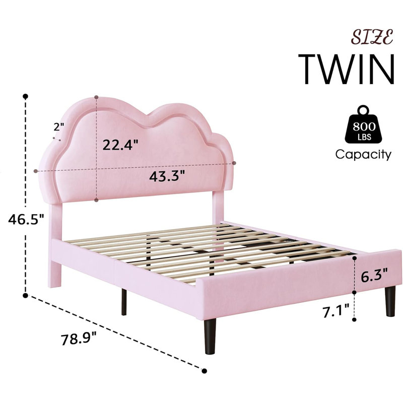 LED Twin Bed Frame with Adjustable Cloud Headboard, Velvet Upholstered Platform Bed, No Box Spring Needed, Easy Assembly, Pink