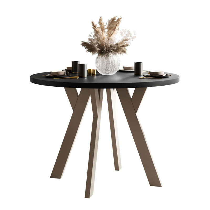 Extendable Round Metal Base Dining Table, Cashmere, Black