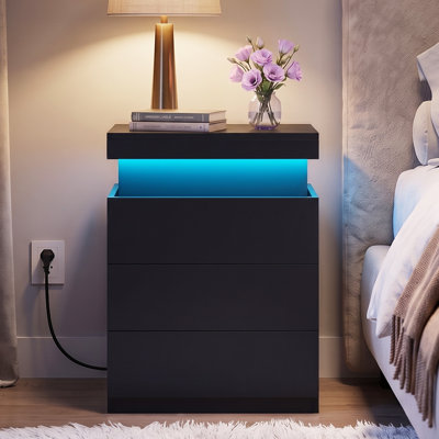3-Drawer LED Nightstand, Sliding Top Bedside Table with Charging Station & Hidden Phone Storage