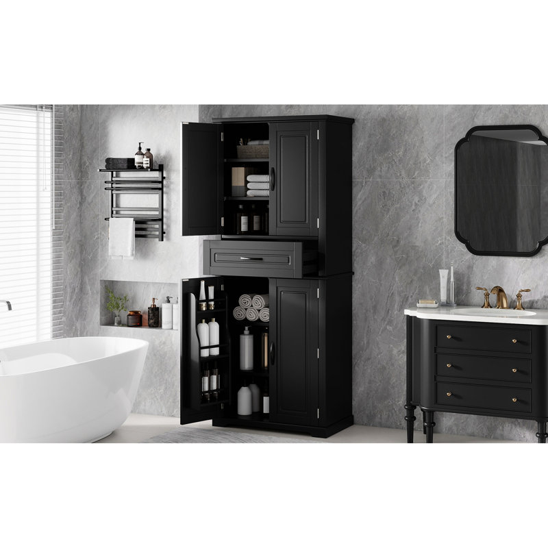 Bathroom Storage Cabinet with Multi-Functional Storage Space, Drawer with Slide Rails, Adjustable Shelf, Black, Black