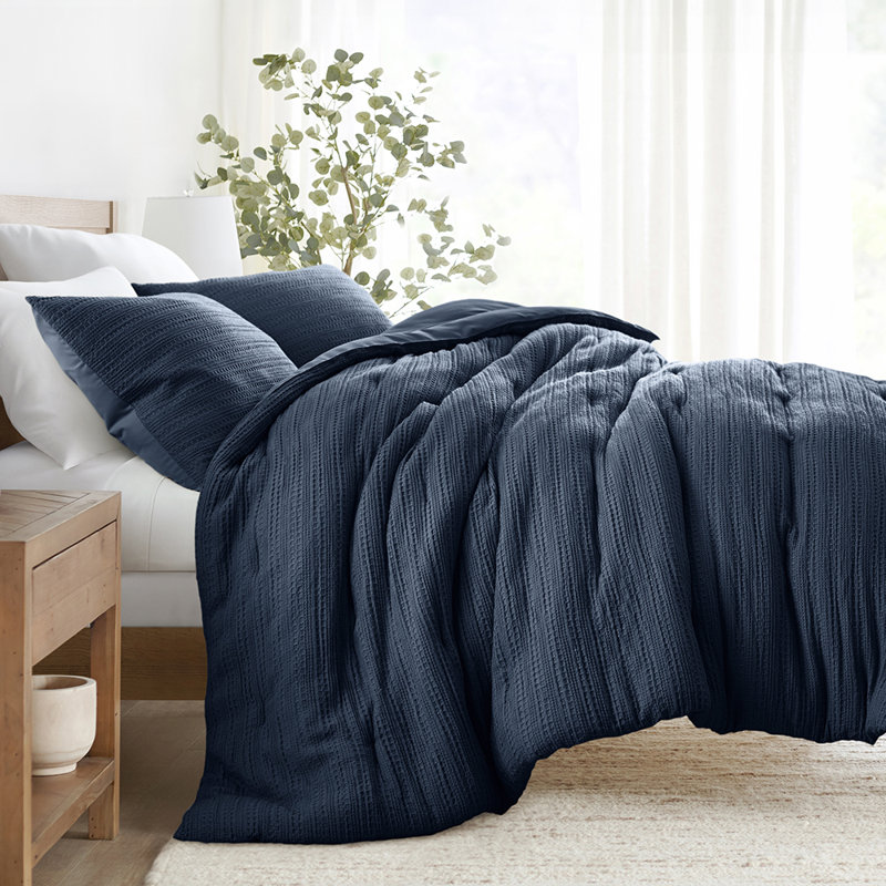 Ensemble d'édredon texturé 3 pièces Waffle, Marine, Édredon pour lit simple + 1 taie décorative stan
