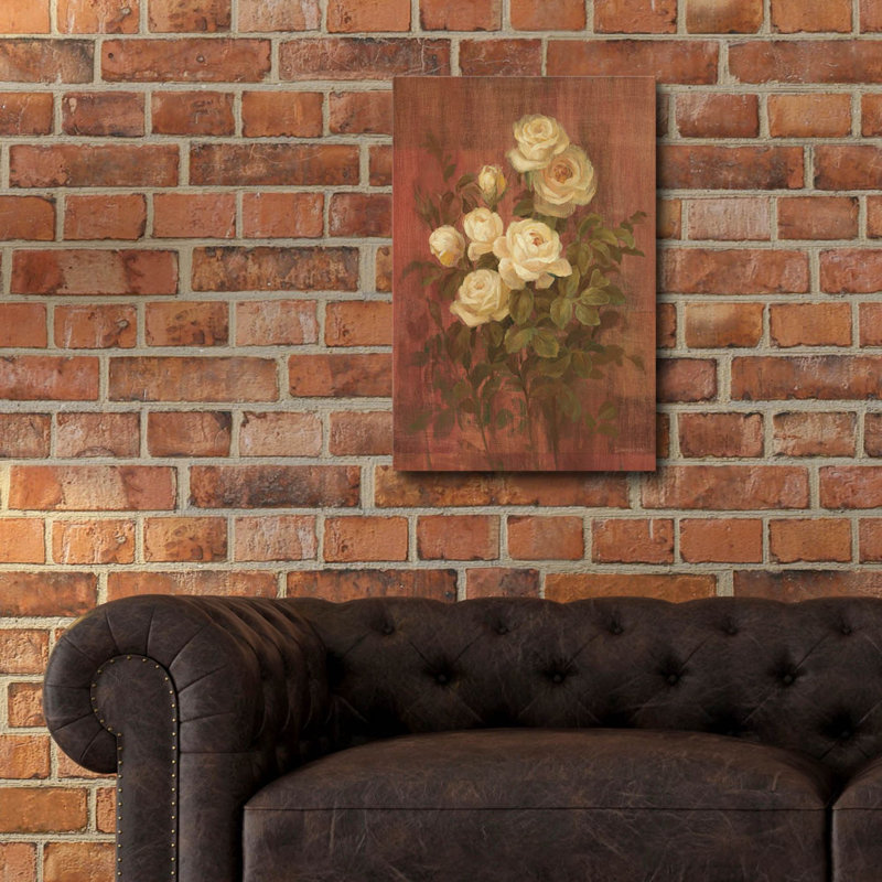 «Peach Roses On Red 1» par Danhui Nai, art mural en verre acrylique, H 24 po x l 16 po x P 0,2 po