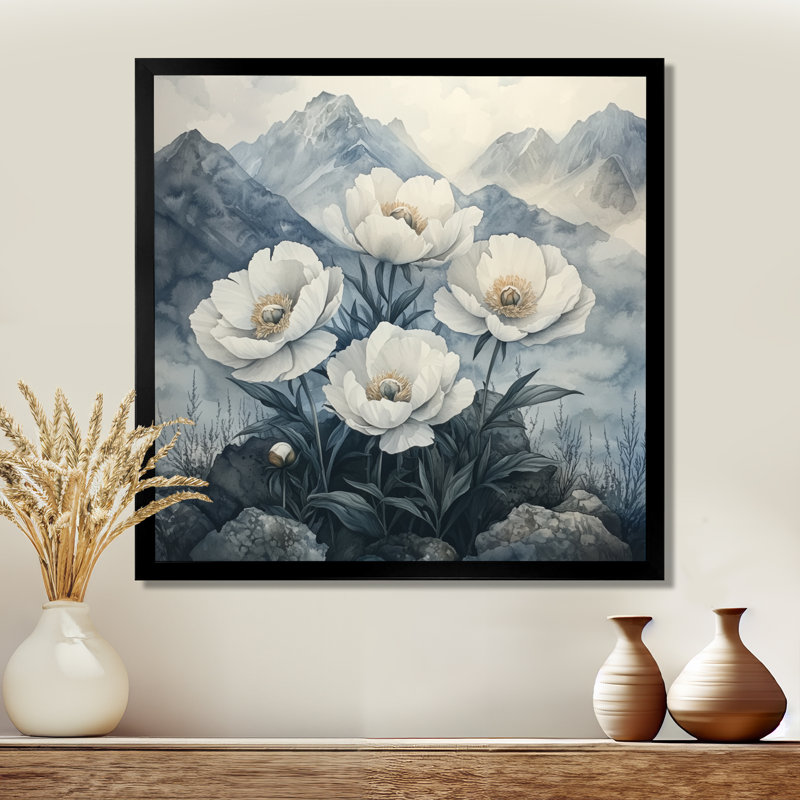 Goldena pivoines dans les montagnes brumeuses II - pivoines, art mural, H 16 po x l 16 po, Noir, noir, noir, noir