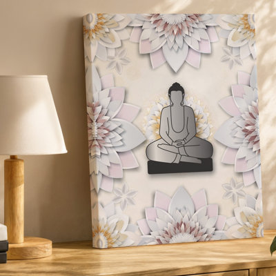 Toile d'une composition sereine et minimaliste avec un Bouddha gris stylisé, art assis dans une pose méditative centrée sur une toile